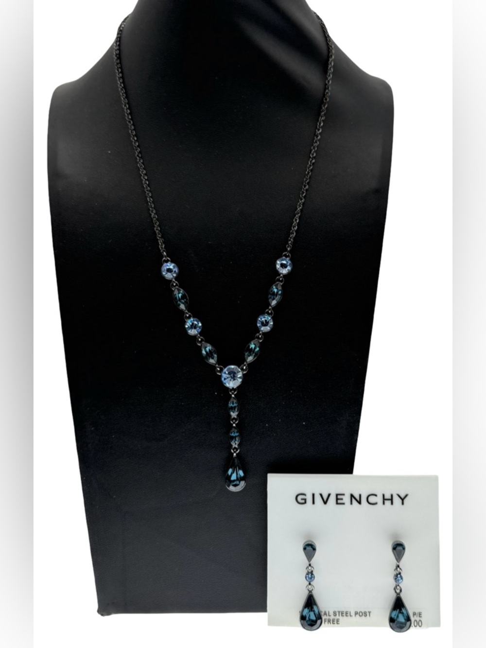 Givenchy Vintage Blue Crystal Y-Drop Necklace & Double-Drop Earrings Jewelry Set